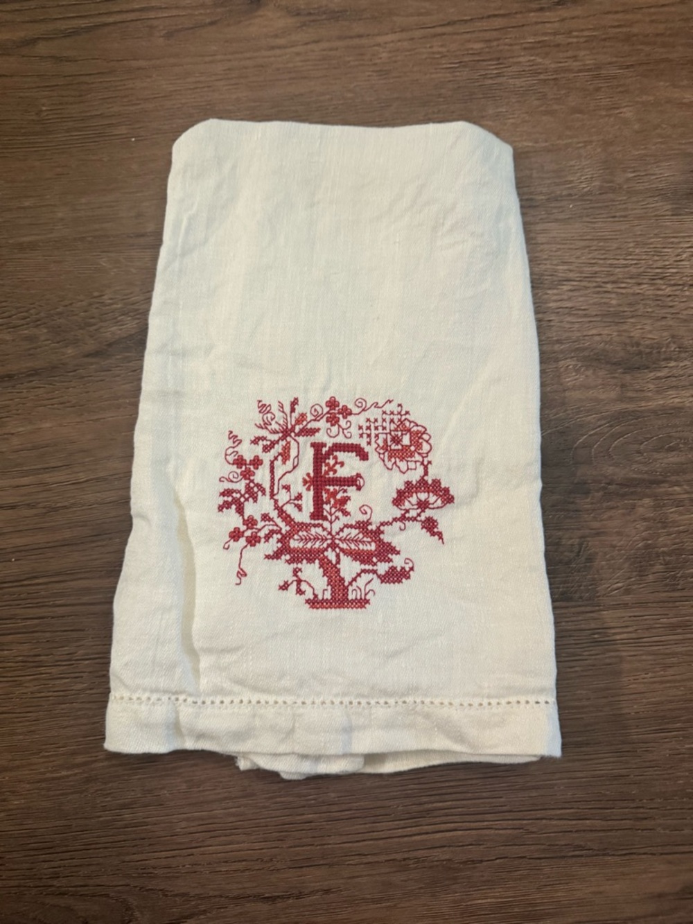 Embroidered Monogram F Linen Towel with Red Floral Motif